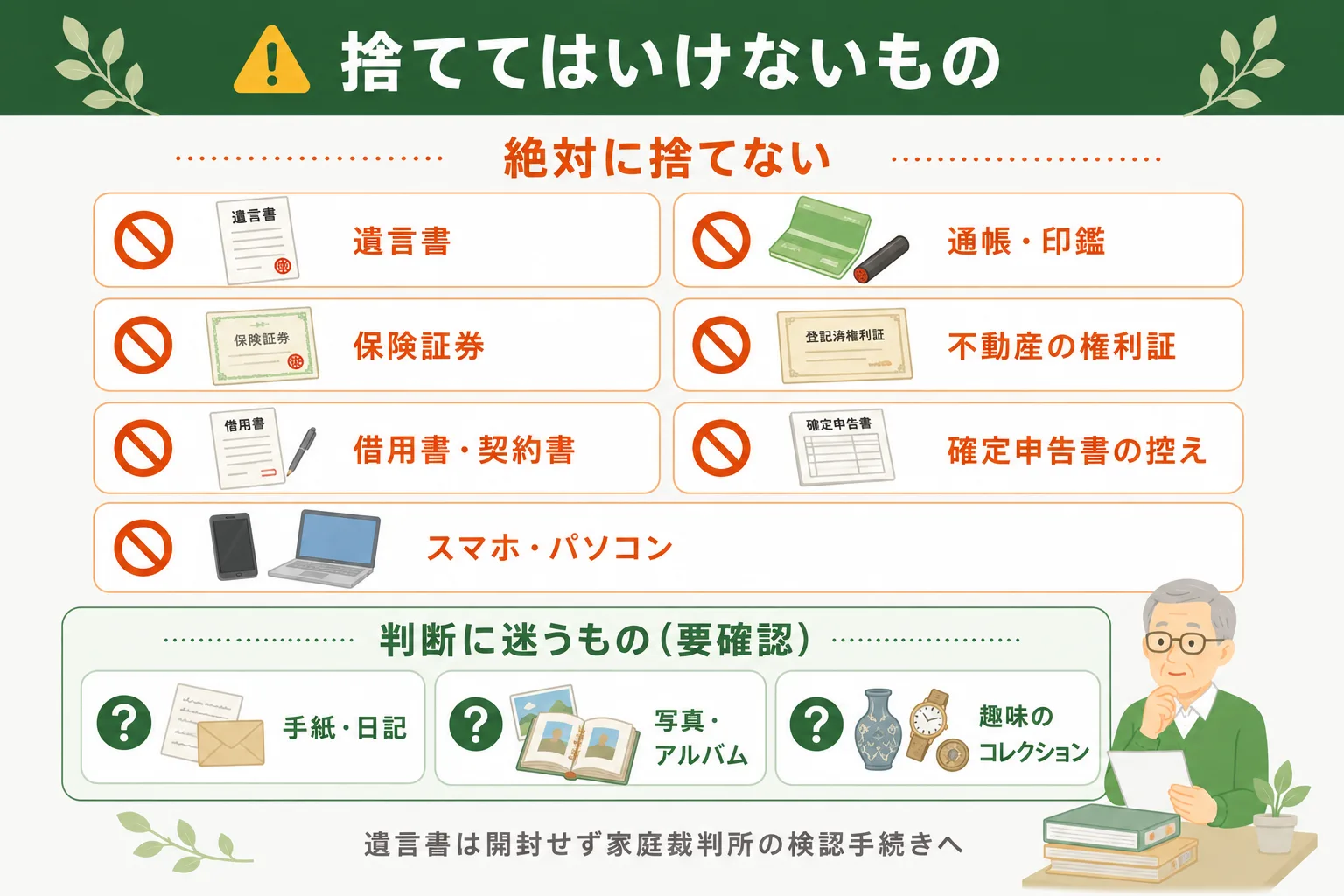 遺品整理で捨ててはいけないもの：遺言書・通帳・保険証券・権利証など。判断に迷うものは要確認