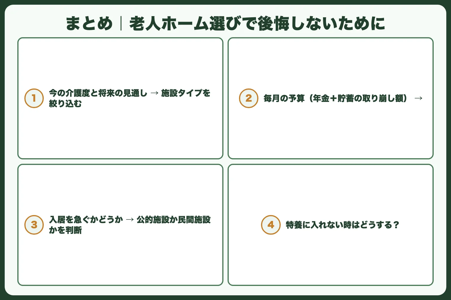 まとめ｜老人ホーム選びで後悔しないために
