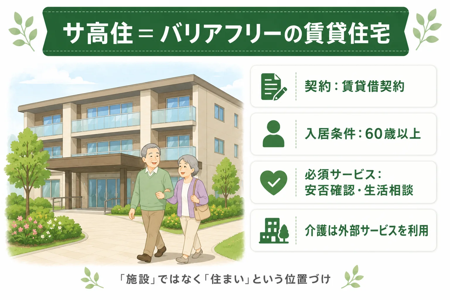 サ高住＝バリアフリーの賃貸住宅。賃貸借契約・60歳以上・安否確認と生活相談・介護は外部サービスを利用
