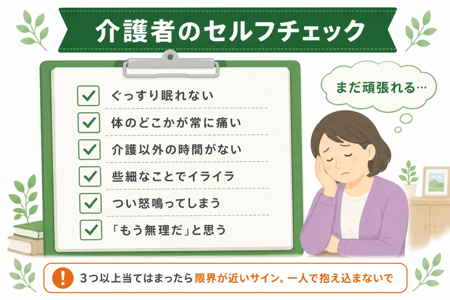 介護者のセルフチェックの図解。ぐっすり眠れない・体のどこかが常に痛い・介護以外の時間がない・些細なことでイライラ・つい怒鳴ってしまう・もう無理だと思う。3つ以上当てはまったら限界が近いサイン